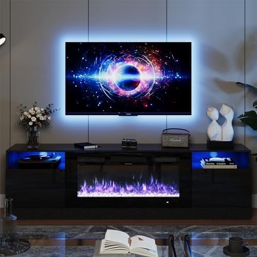Alt Text for image 1: Elegant black woodgrain oneinmil Fireplace TV Stand with electric fireplace insert