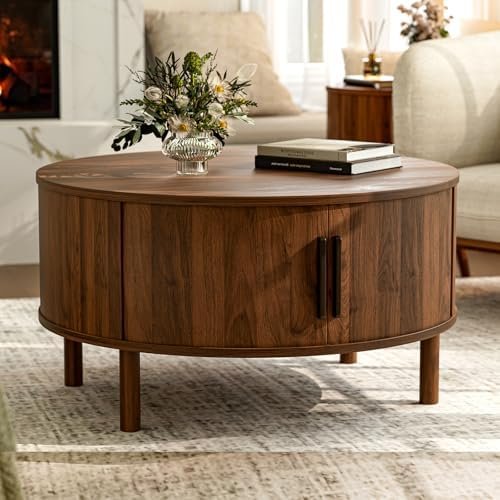 Alt Text for image 1: ZttRiee Round Coffee Table with Sliding Doors displaying mid-century design