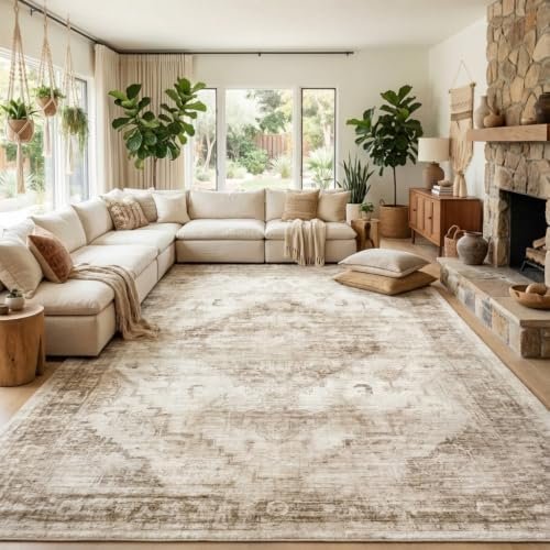 Alt Text for image 1: Garvee Beige Boho 8x10 Area Rug in a living room setting