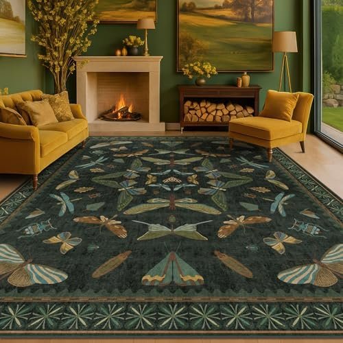 Alt Text for image 1: Dark Green Insect Area Rug showcasing whimsical insect patterns