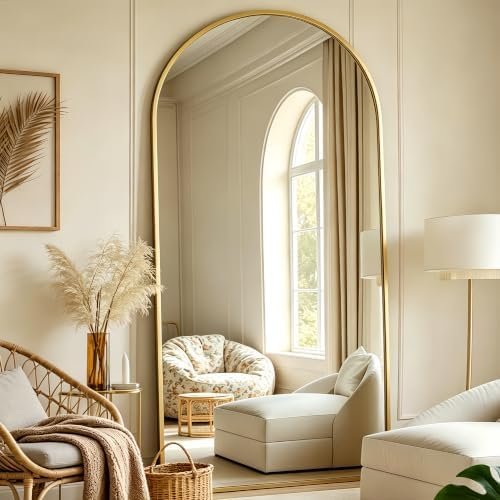 Alt Text for image 1: Prywot Arched Full Length Mirror with Gold Frame